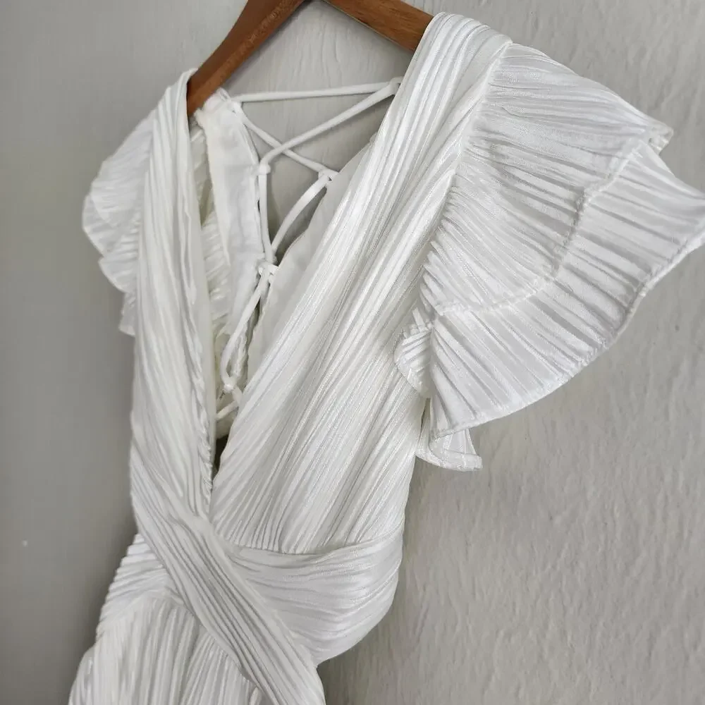 Lulus Captivating Delight White Plisse Satin Mini Dress - Lace-Up Bridal NWT M - Picture 10 of 14